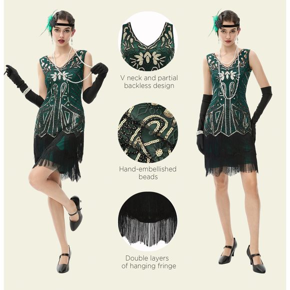 Women’s Flapper Dresses Set 1920s V Neck Beaded Fringed Great Gatsby Dress🐭 Accessories